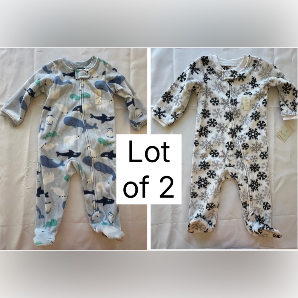 Lot of 2 NWT Lullaby‎ Lane fleece 2 way zipper footed sleeper infant 6-9 mo